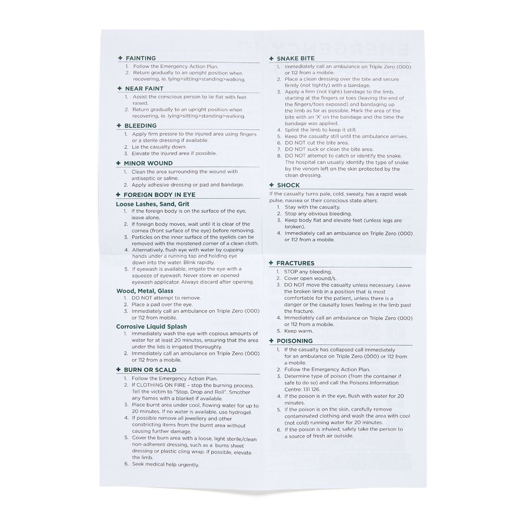 First Aid Instruction Sheet - Brenniston