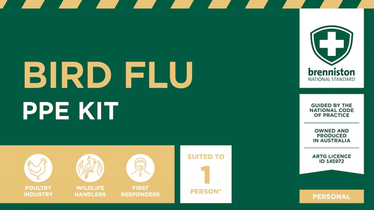 A flat product graphic for a Brenniston Bird Flu PPE kit. The design features a dark green background with diagonal gold stripes at the top, gold and white text and several white and gold informational panels on the bottom right.