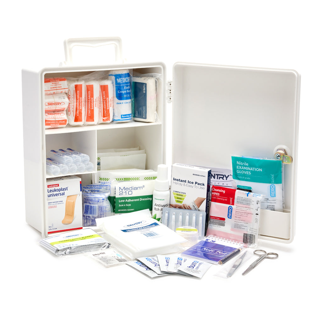 Brenniston Medium Risk Workplace First Aid Kit Plastic Cabinet open 